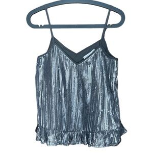 Anthropologie Amelie Gunmetal Grey Double V Sequin Ruffle Hem Tank Top Cami Sz 4